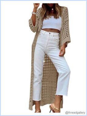 Crochet Long Cardigan Open Front Long Sleeve Drop Shoulder Sweater